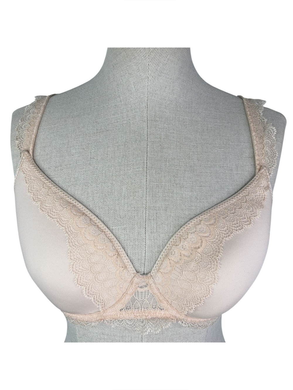 Simone Perele Eclat 3D Plunge Bra sz 32D * Spacer Cups Lace Trim Mesh Peau Rose